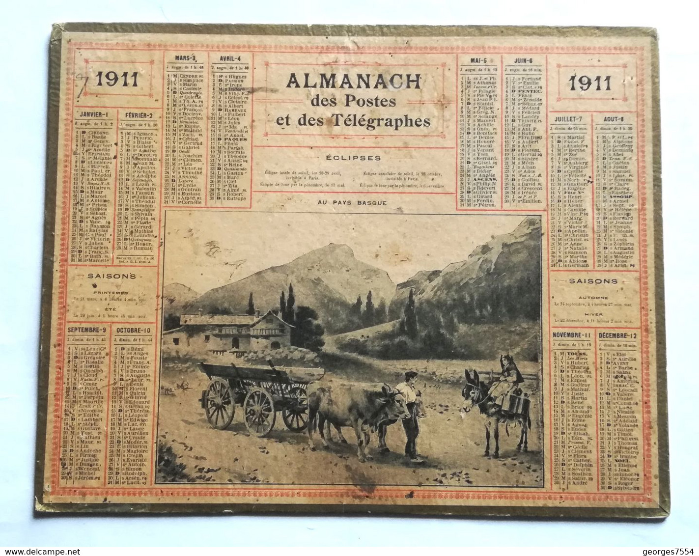 Calendrier Almannac Des Postes 1911 -Au Pays Basque - Tamaño Grande : 1901-20