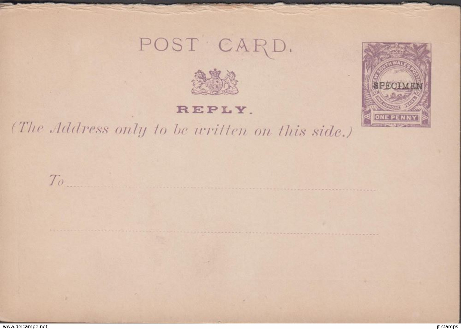 1888. NEW SOUTH WALES. ONE PENNY POST CARD REPLY-CARD Overprinted SPECIMEN. Unusual. .  - JF430259 - Storia Postale