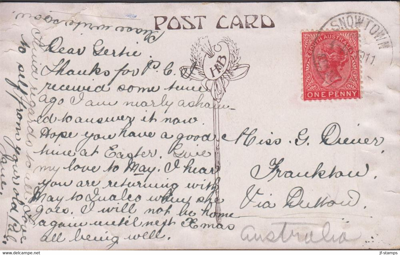 1911. SOUTH AUSTRALIA AUSTRALIA  ONE PENNY VICTORIA On Photo Postcard (IN OUR BACK BLOCKS WHE... (MICHEL 108) - JF430279 - Briefe U. Dokumente