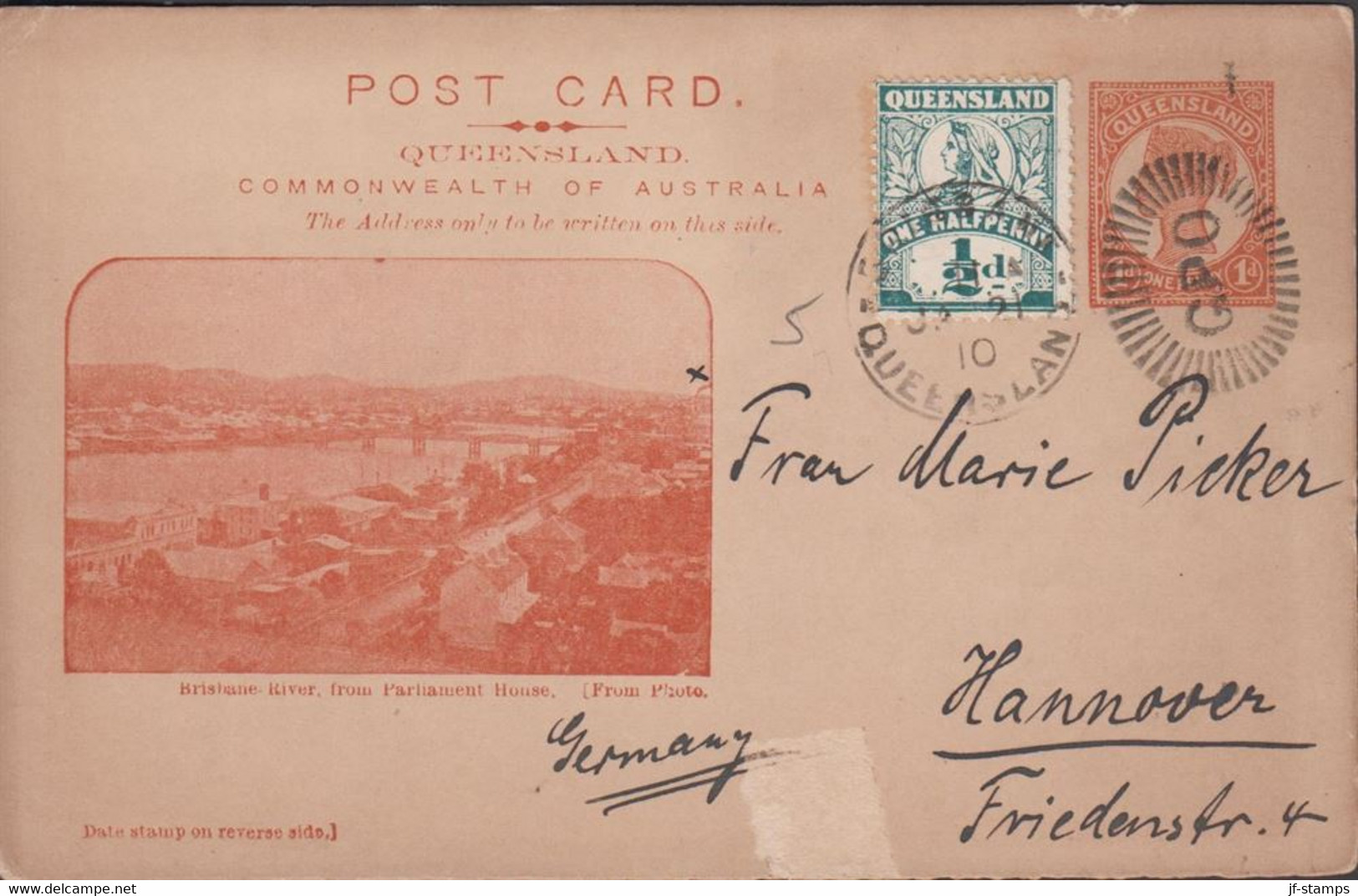 1910. QUEENSLAND AUSTRALIA  POST CARD ONE PENNY VICTORIA QUEENSLAND + ½ PENNY To Hannover Germany Cancelle... - JF430286 - Storia Postale