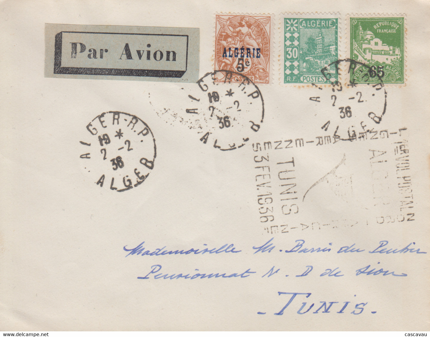 Enveloppe   ALGERIE    1er   Vol    Postal       ALGER - TUNIS   1936 - Posta Aerea