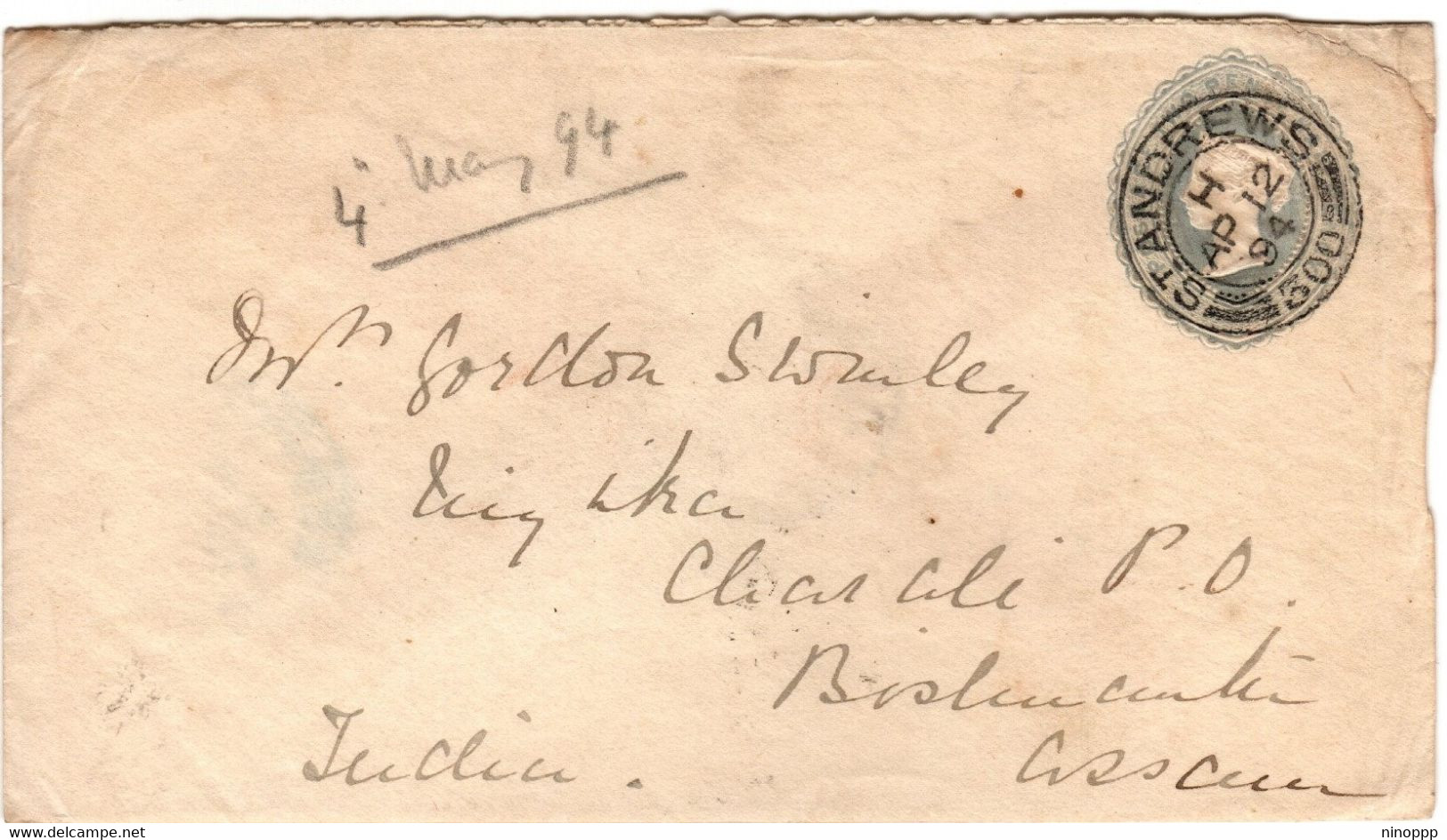 Great Britain 1894 Prepaid Envelope Two Pence From St Andrews To Charali - Storia Postale