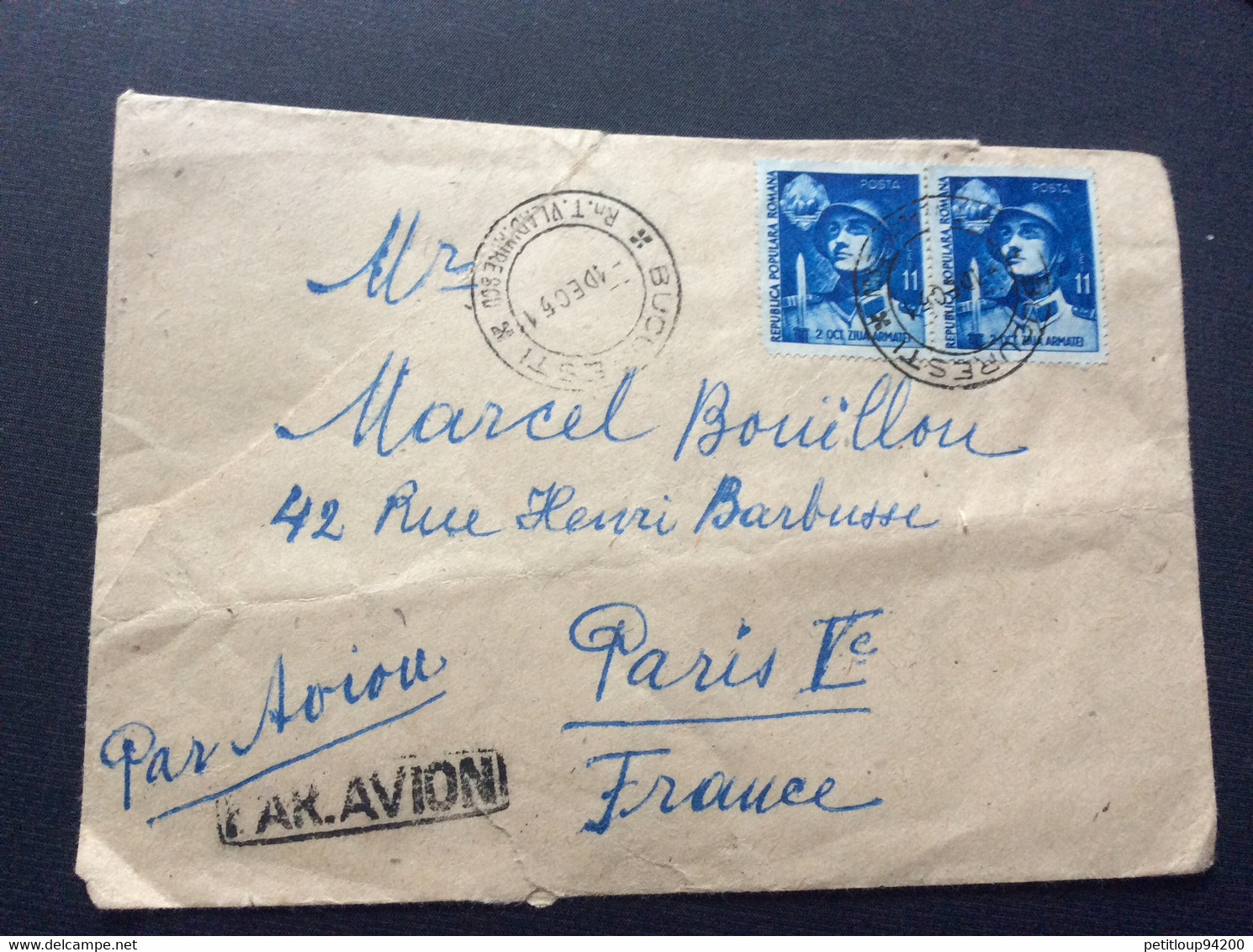 LETTRE  ROUMANIE>FRANCE Poste Aérienne 1951 - Lettres & Documents