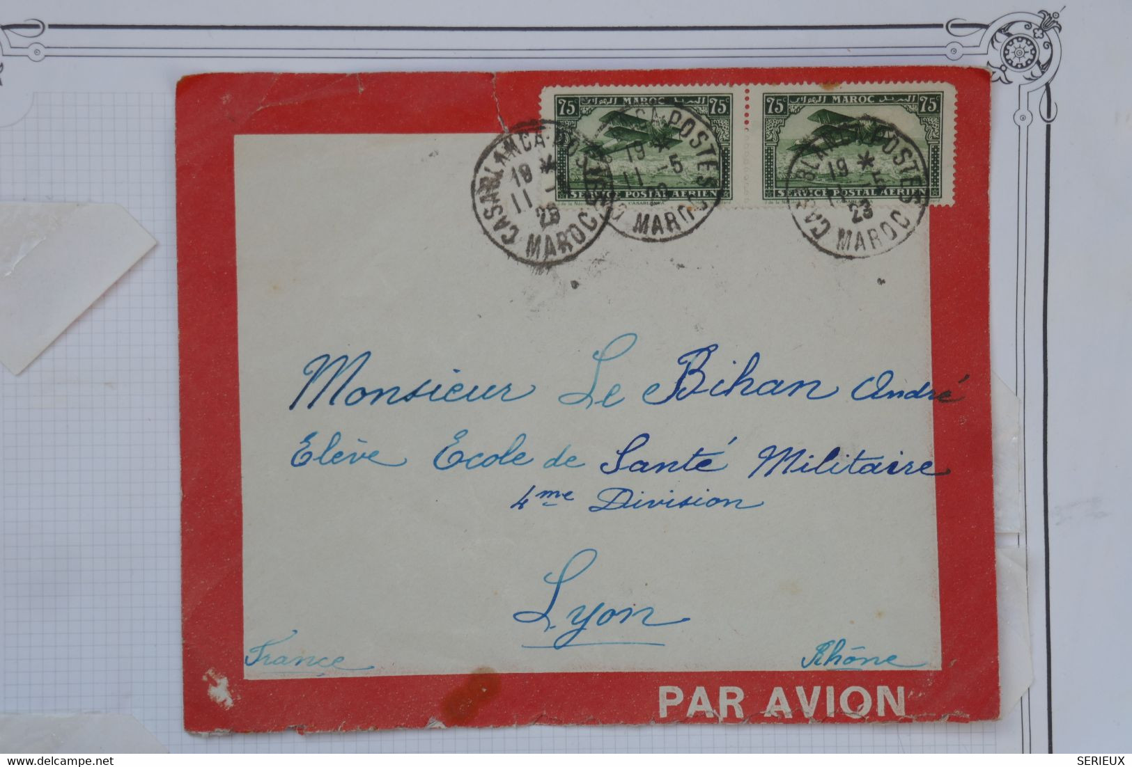 AU11 MAROC BELLE LETTRE 1929 PAR  AVION  CASABLANCA POUR LYON  FRANCE ++PAIRE DE TP + +AFFRANCH. INTERESSANT - Luftpost