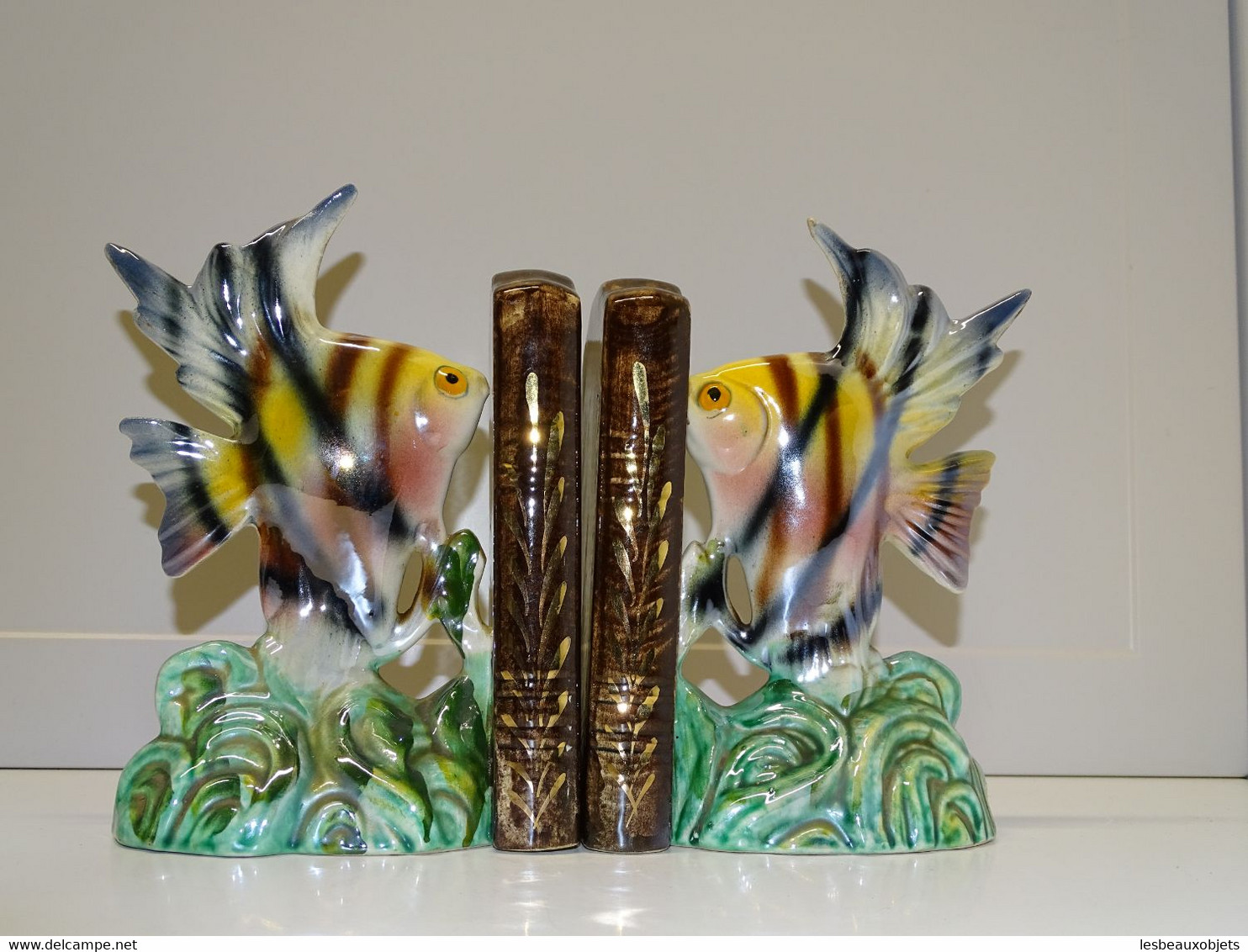 *BELLE PAIRE de SERRE LIVRES BEQUET QUAREGNON POISSONS COLORES VINTAGE déco XX E