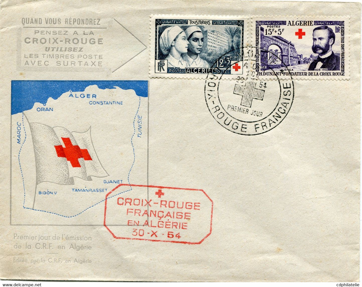 ALGERIE ENVELOPPE 1er JOUR DES N°316 / 317 AU PROFIT DES OEUVRES DE LA CROIX-ROUGE AVEC OBL ILL ALGER 30 OCT 54 - FDC