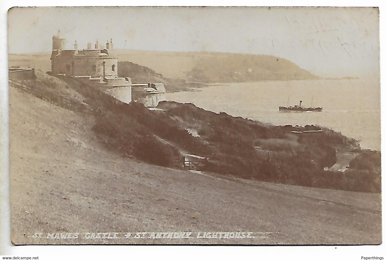 Real Photo Postcard, Cornwall, ST, Mawes Castle And ST. Anthony Lighthouse, Boat, Sea View. 1918. - Falmouth