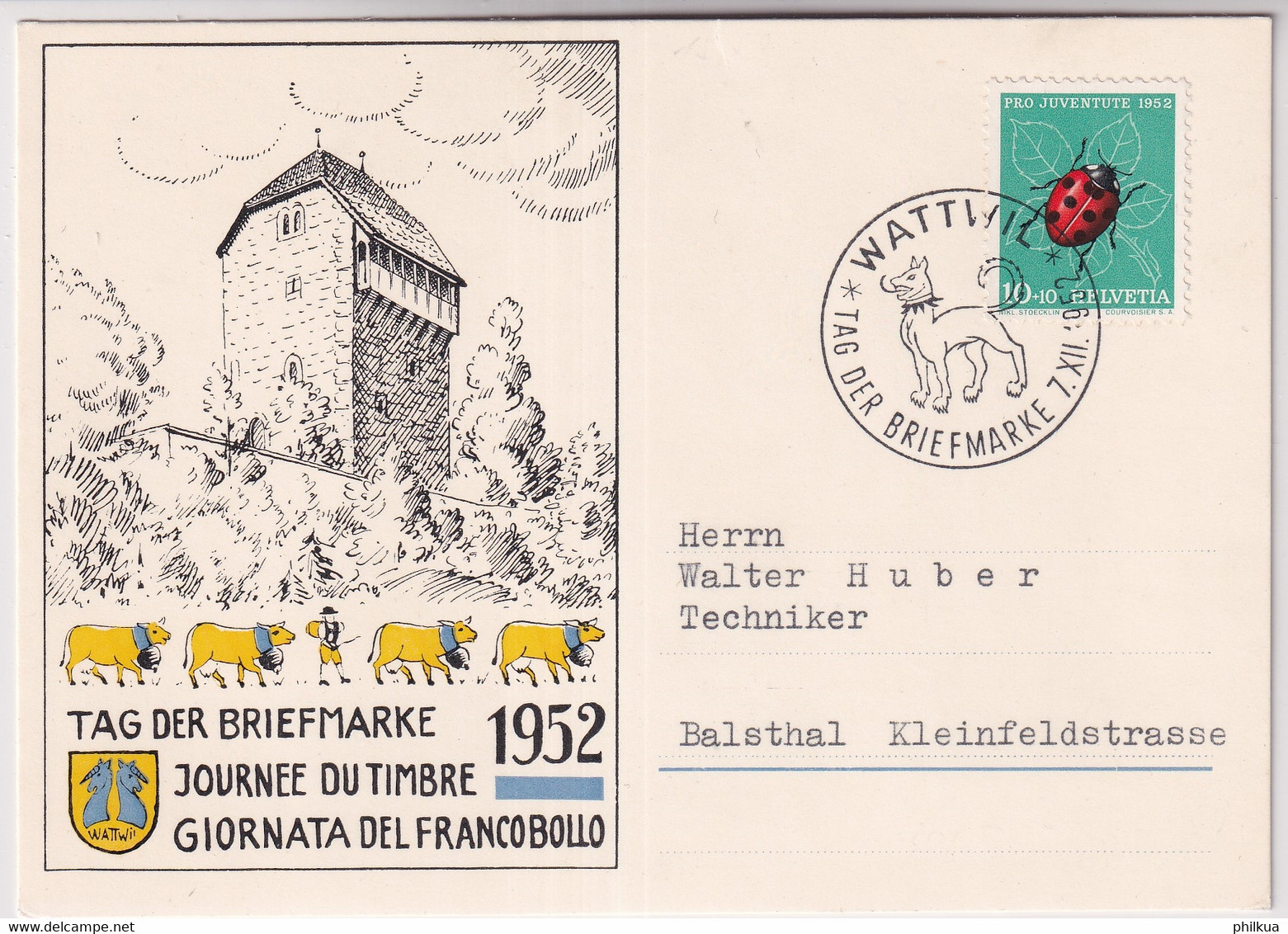 Schweiz - 1952 Tag Der Briefmarke / Journée Nationale Du Timbre - WATTWIL - Giornata Del Francobollo