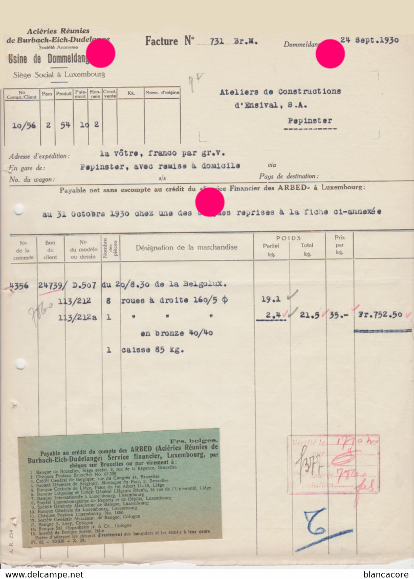 DOMMELDANGE A.R.B.E.D Acièries Réunies De Burbach Eich Dudelange Grand Duché De Luxembourg 1930 - Luxemburg