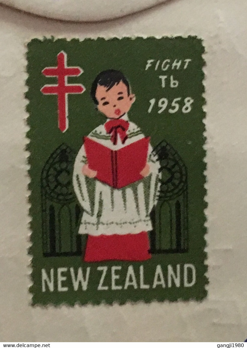 NEW ZEALAND 1958, PRIVATE VIGNETTE TB LABEL FDC ,TASMAN PRODUCT HAWKES BAY ,QUEEN ,WOMEN,HORSE SHEEP ,WANGANUI CITY CAN - Brieven En Documenten