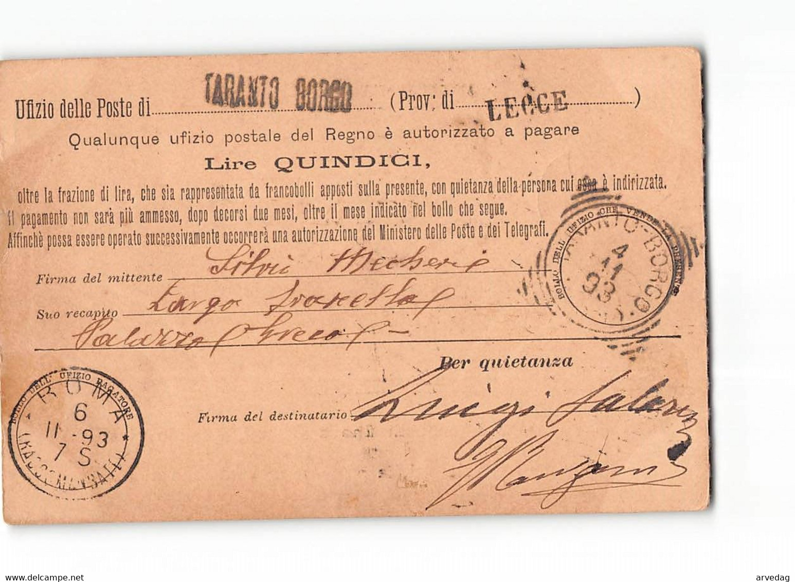 AG36 01 CARTOLINA VAGLIA DA LIRE QUINDICI - TARANTO BORGO X ROMA - Entiers Postaux