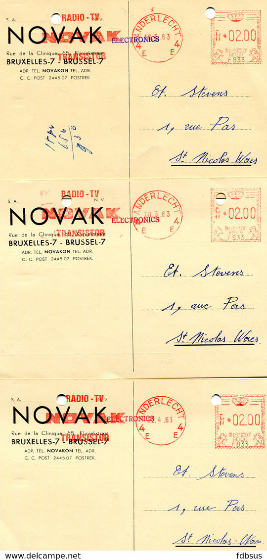 1963 3 Kaarten RADIO TV NOVAK Brussel 7 - Transistor - Stempel ANDERLECHT 4 E Fr *02.00  F833 - 1960-1979