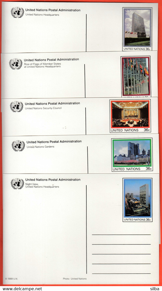 United Nations Headquarters New York 1989 / Headquarters Row Of Flags Gardens Night View Security Council / Stationery - Briefe U. Dokumente