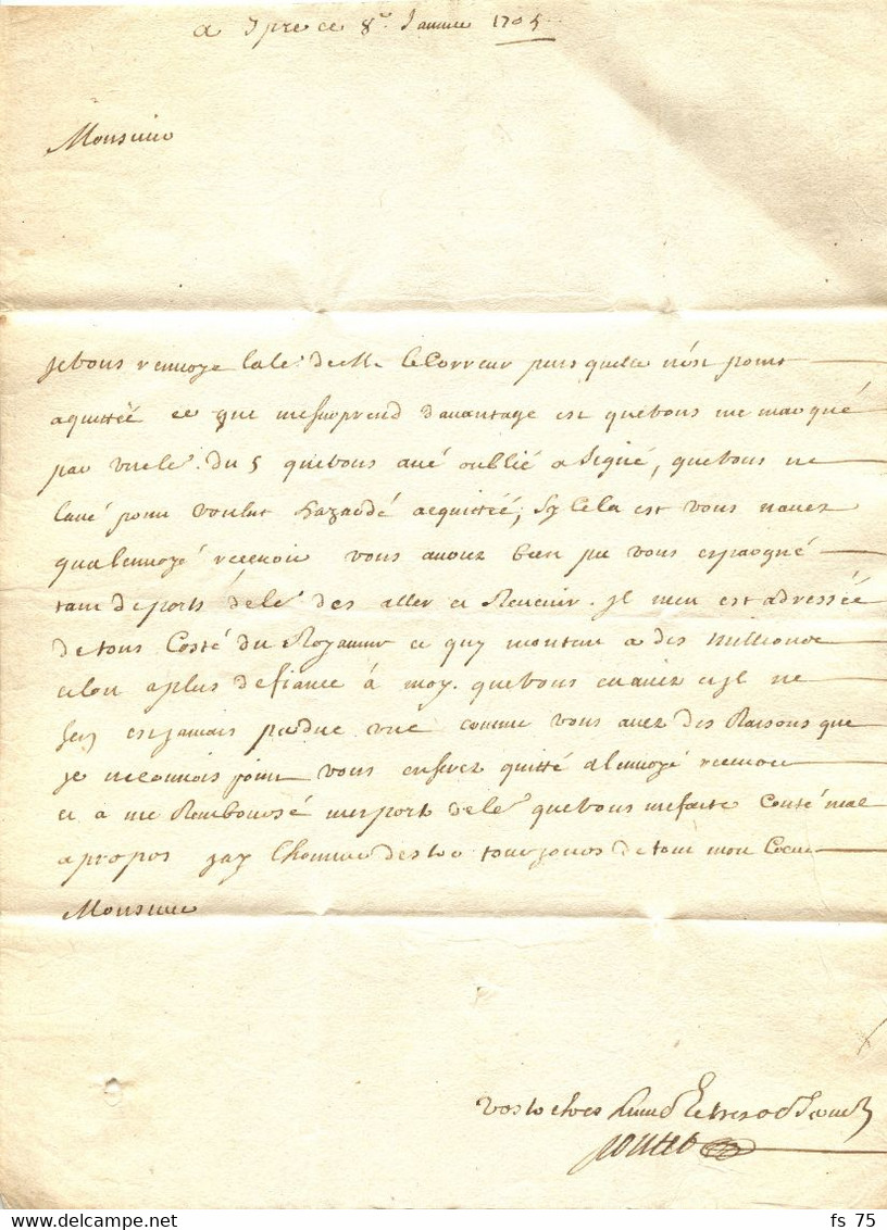 BELGIQUE - D'YPRES MANUSCRIT SUR LETTRE AVEC CORRESPONDANCE, 1704 - 1621-1713 (Paesi Bassi Spagnoli)