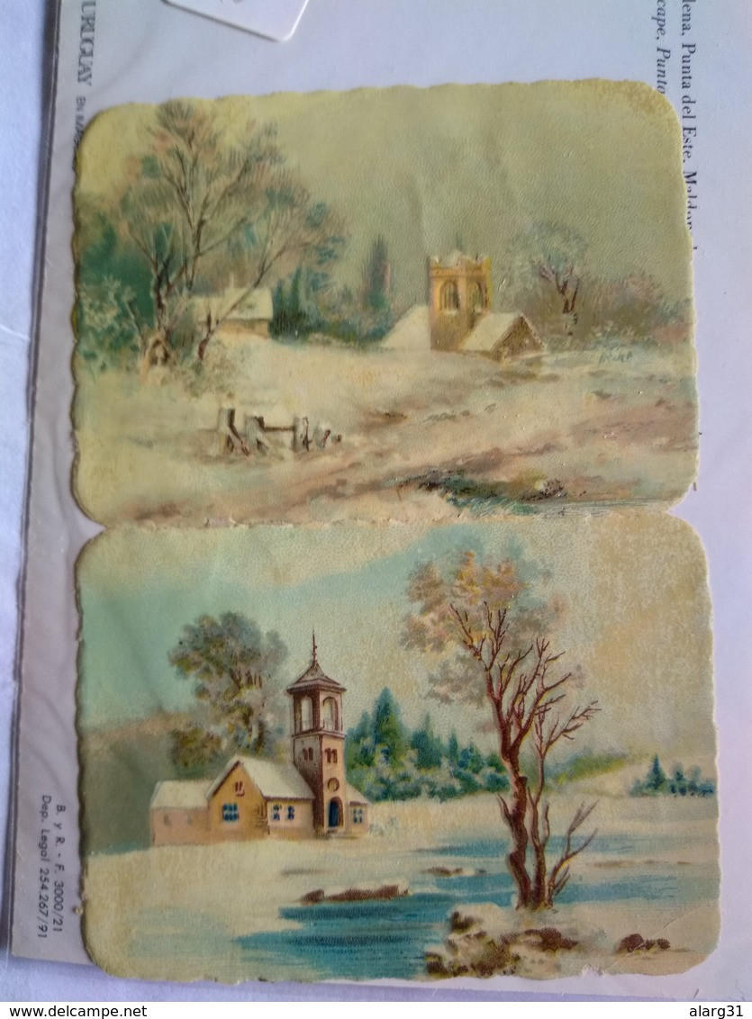 Decoupis Oblaten Victorian Scraps Early 1890 German  2 Pieces Churches Christmas Snow 4 With Houses 8.5*5.5  AND 5.5*5cm - Di Natale