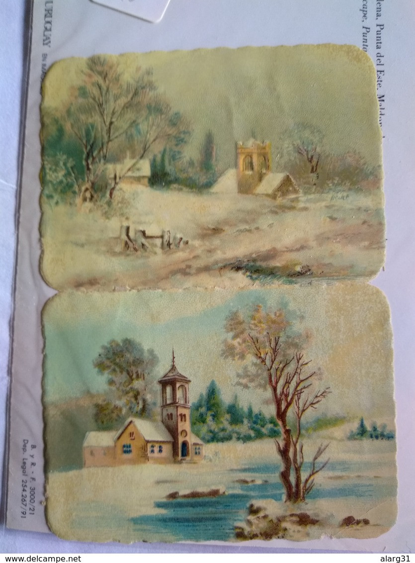 Decoupis Oblaten Victorian Scraps Early 1890 German  2 Pieces Churches Christmas Snow 4 With Houses 8.5*5.5  AND 5.5*5cm - Motivos De Navidad