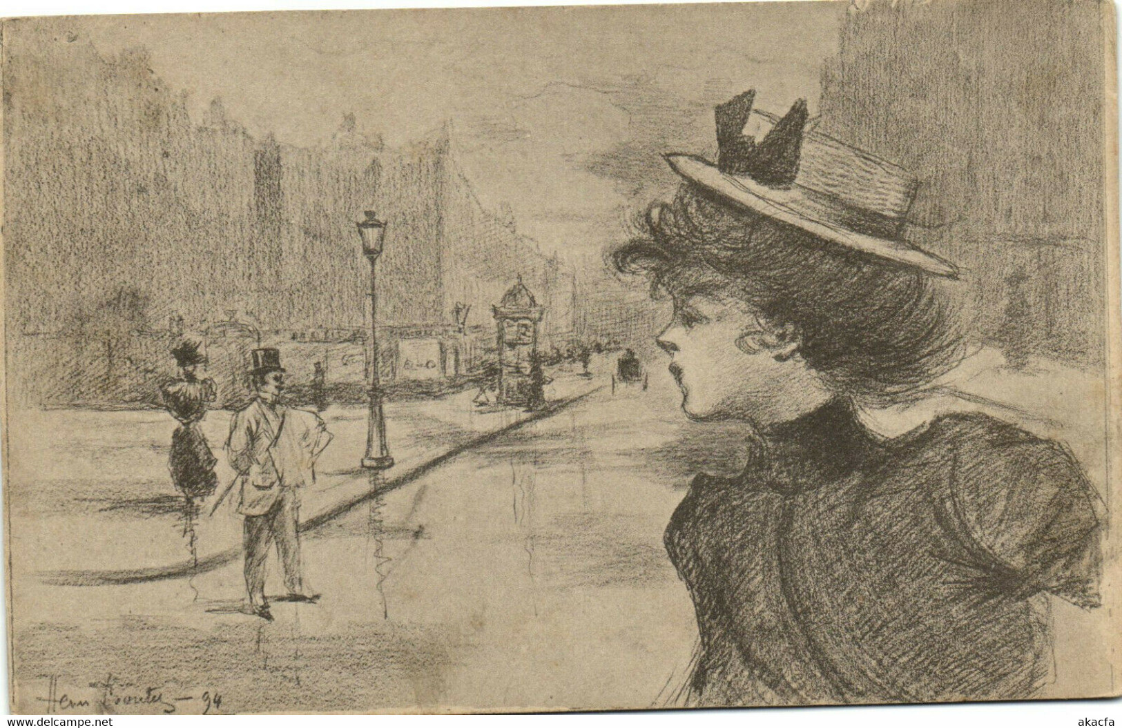 PC H. BOUTET, ARTIST SIGNED, LADY CROSSING THE STREET, Vintage Postcard (b38750) - Boutet