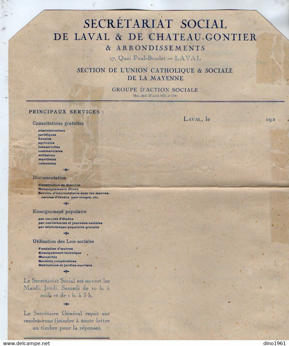 VP19.552 - 192?- Papier Lettre Vierge Du Secrétariat Social De LAVAL & De CHATEAU - GONTIER - Union Catholique & Sociale - Religion & Esotericism