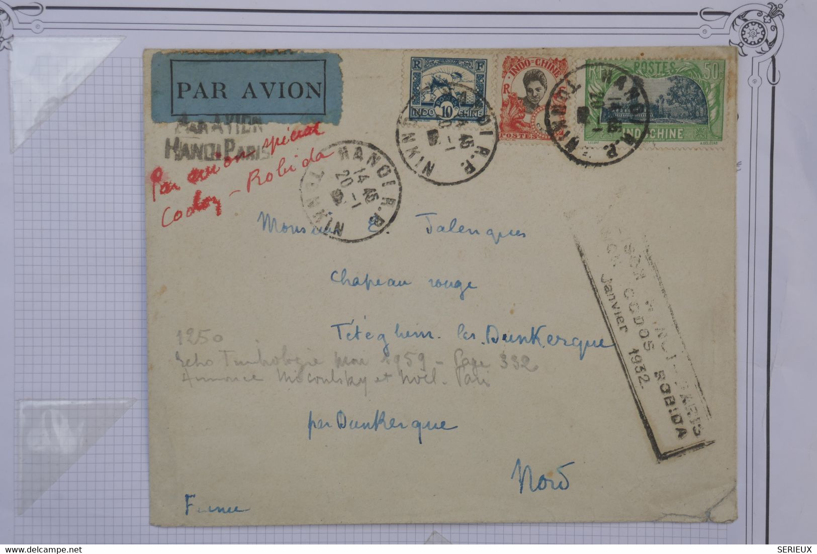 C INDOCHINE   BELLE LETTRE RARE  1932  PARIS  POUR DUNKERQUE FRANCE +RECORD GRIFFE CODOS RODIBA +++++AFF. PLAISANT - Airmail