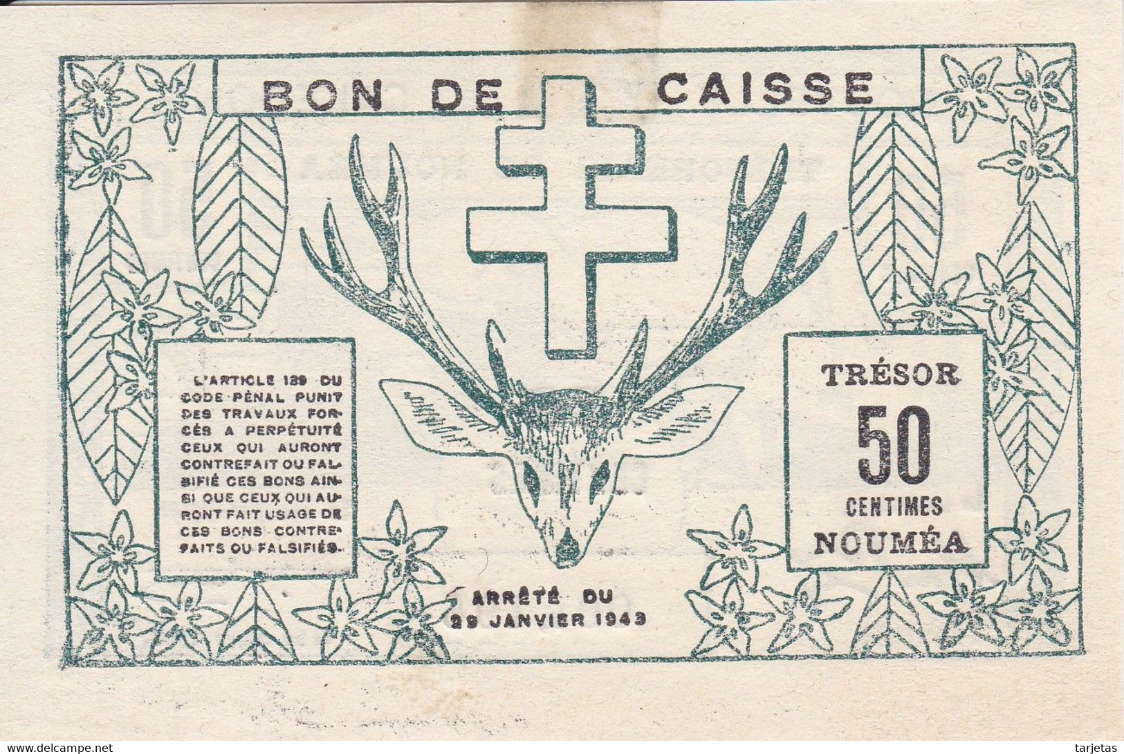 BILLETE DE NUEVA CALEDONIA DE 50 CENTIMES DEL AÑO 1943 SIN CIRCULAR (UNC) (CON MANCHA)  (BANK NOTE) - Nouméa (Nieuw-Caledonië 1873-1985)