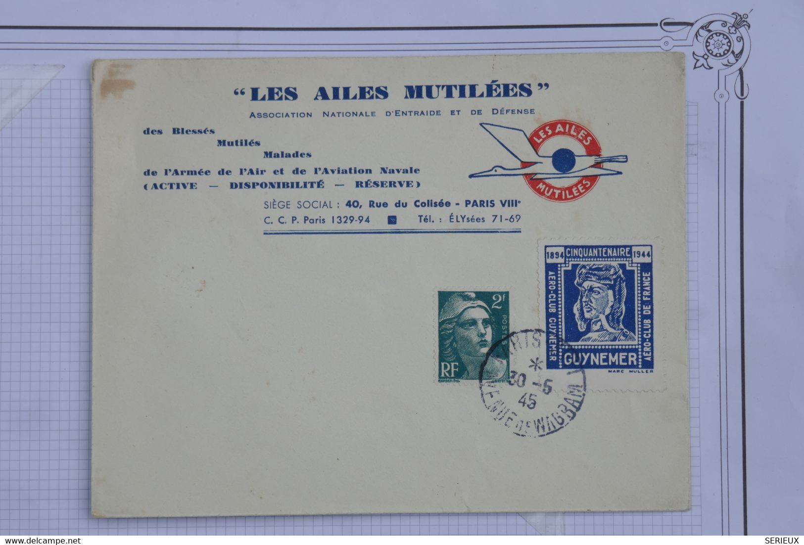 AH11 FRANCE BELLE LETTRE PAS COURANT 1945 LES AILES MUTILEES  PARIS +VIGNETTE +++AFF. PLAISANT - 1960-.... Lettres & Documents