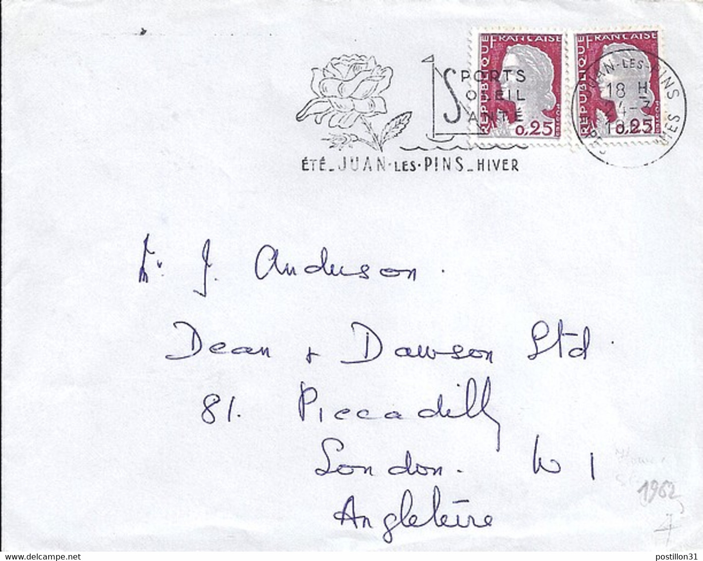 TYPE MARIANNE DE DECARIS N° 1263x2 SUR L. DIVERSES DE 1962 POUR L'ANGLETERRE - 1960 Marianne De Decaris