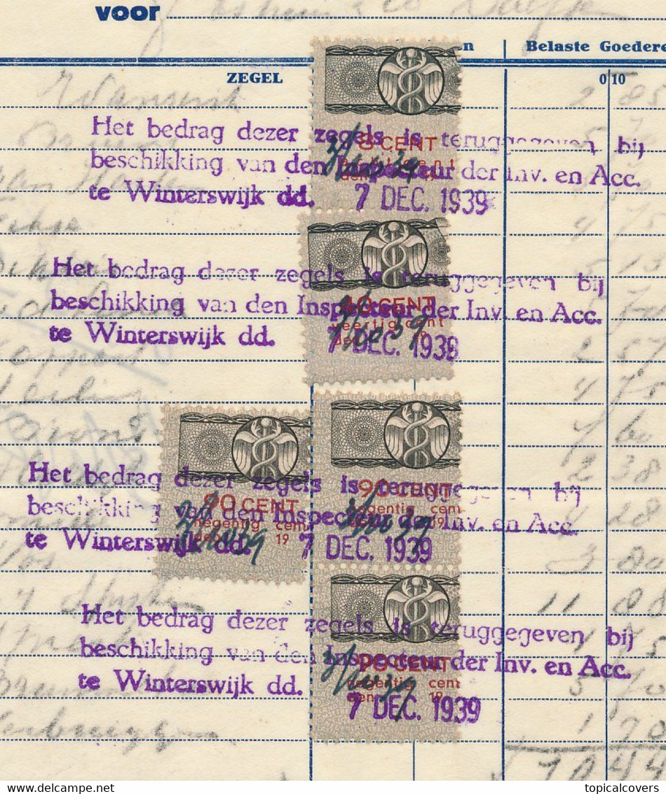 Rekening Zelhem 1939 - Omzetbelasting Zegels / Stempel Betreffende Teruggave - Fiscaux