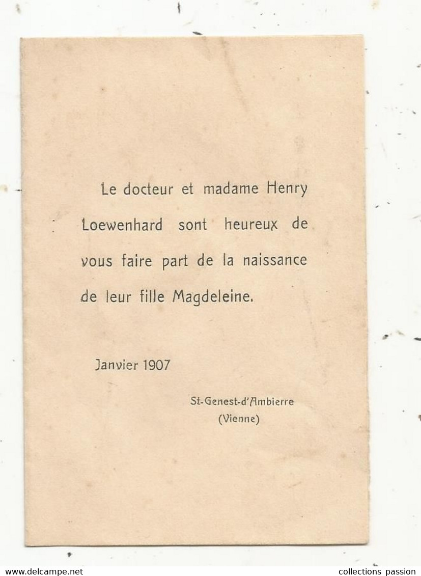 FAIRE PART DE NAISSANCE ,Magdeleine , Janvier 1907 ,Saint Genest D'Ambierre ,Vienne - Geburt & Taufe