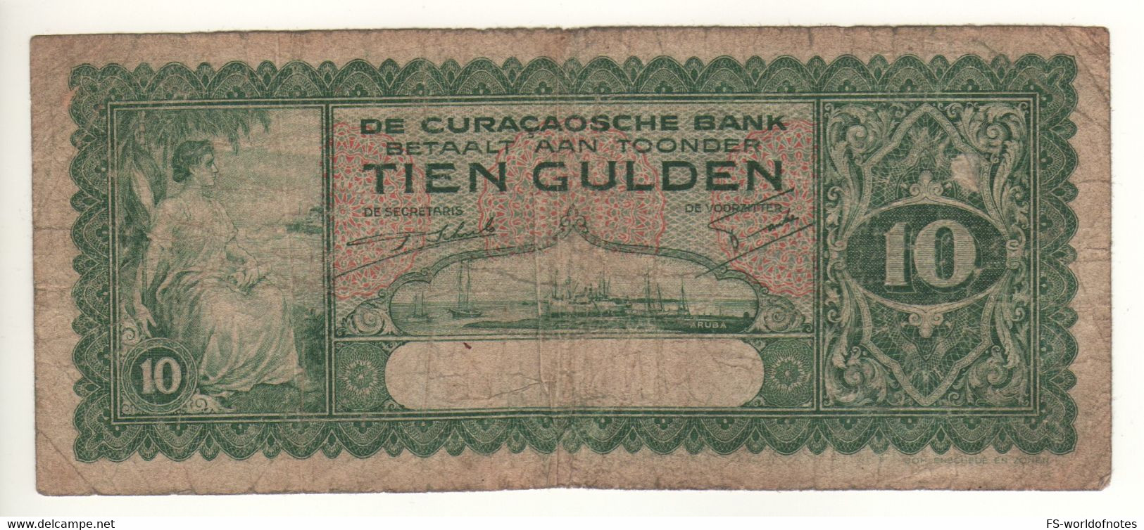 CURACAO   10  Gulden   (1939)  P23a   " Woman-view Of Willmestad At Front + Arms At Back" - Aruba (1986-...)