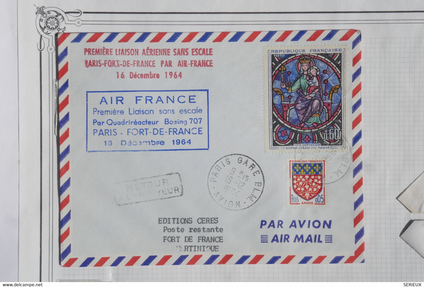 AH20 FRANCE BELLE LETTRE 1964 1ER VOL AIR FRANCE PARIS FORT DE FRANCE +GRIFFE ROUGE++AFFRANCH. PLAISANT - 1960-.... Covers & Documents