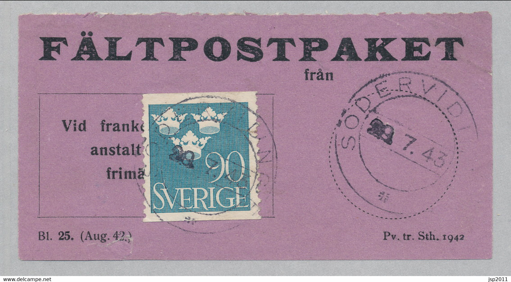 Sweden 1942, Facit # FPE Parcel Post Labels, SÖDERVIDING 28.7.43. See Description - Militaire Zegels