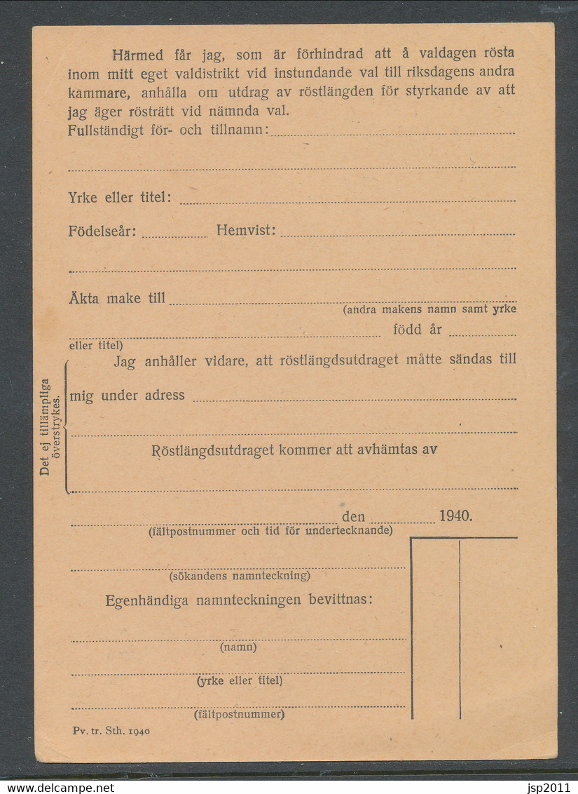 Sweden 1940, Facit # MkB 6A . For Extract Of The Electoral Register. Unused. See Description - Militaire Zegels