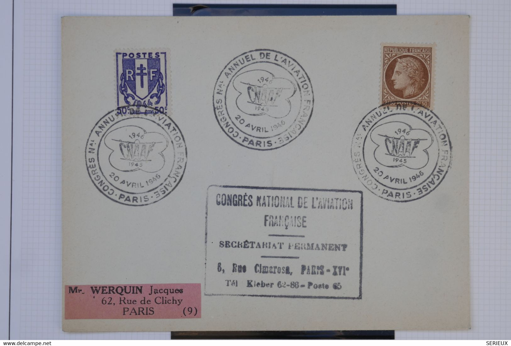 AU17  FRANCE  BELLE LETTRE   1946 CONGRES NATIONAL  D AVIATION  PARIS ++ AFFRANCH. PLAISANT - 1960-.... Briefe & Dokumente