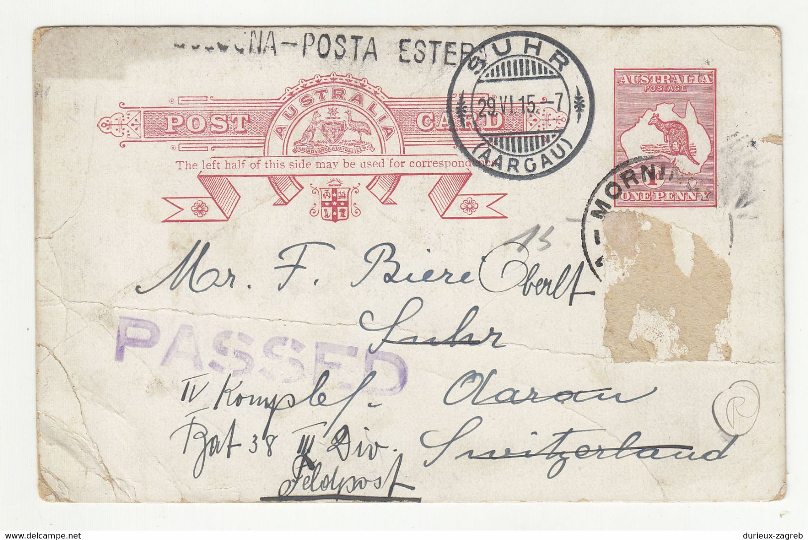 Australia Postal Stationery Postcard Posted 1915 To Switzerland B220425 - Brieven En Documenten