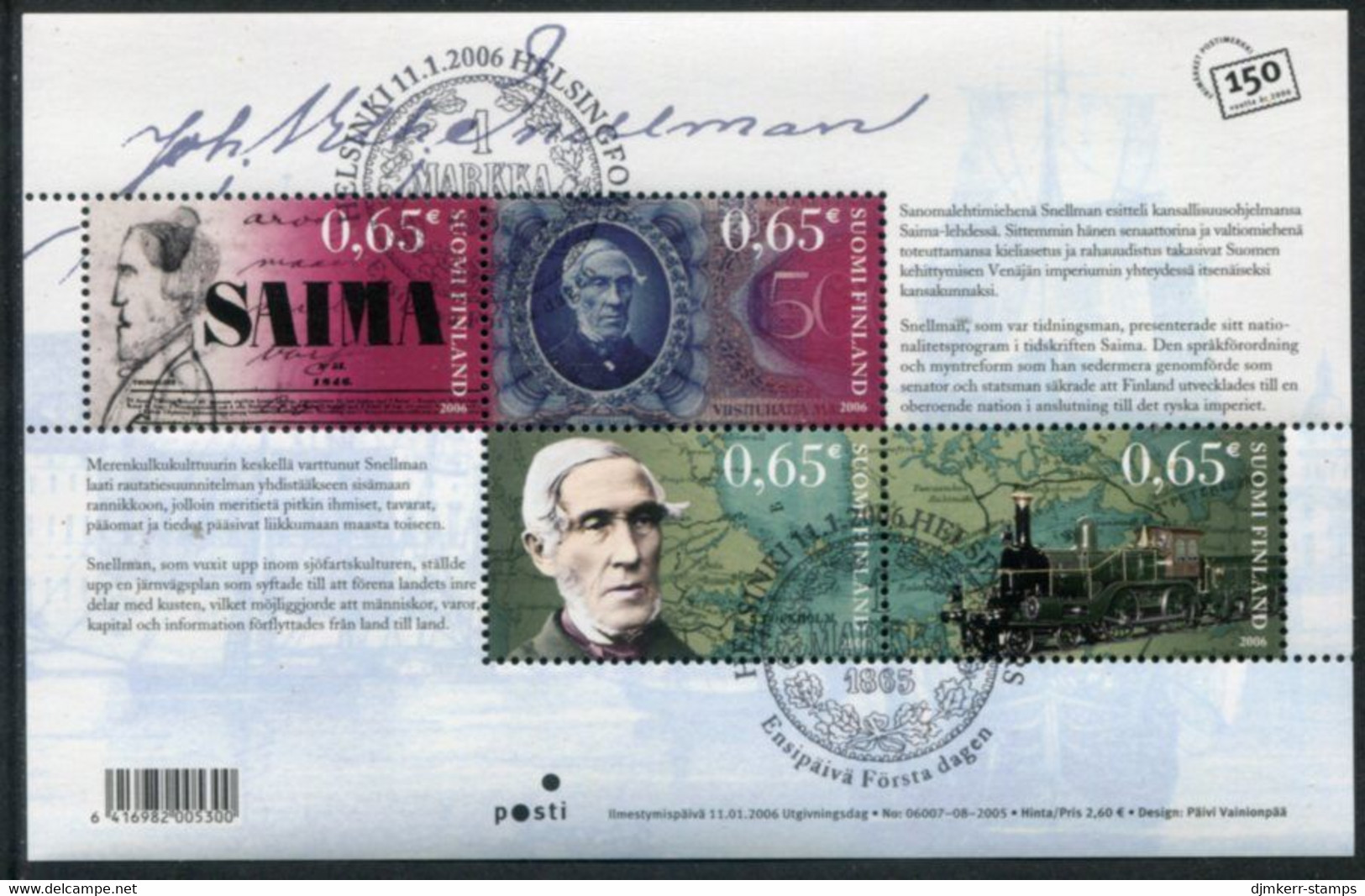 FINLAND 2006 Snellman Bicentenary Block Used.  Michel  Block 39 - Gebraucht