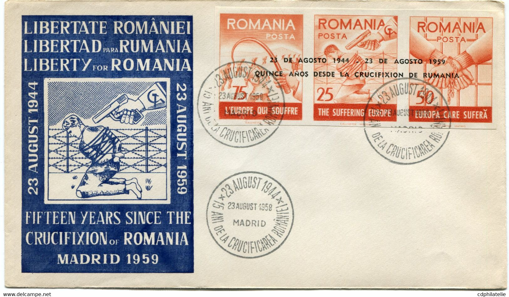 EMISSION DE PROPAGANDE DES PAYS DE L'EST -ROUMANIE N°15 / 17 SUR ENVELOPPE 1er JOUR AVEC OBL. DU 23 AOUT 1959 - Storia Postale