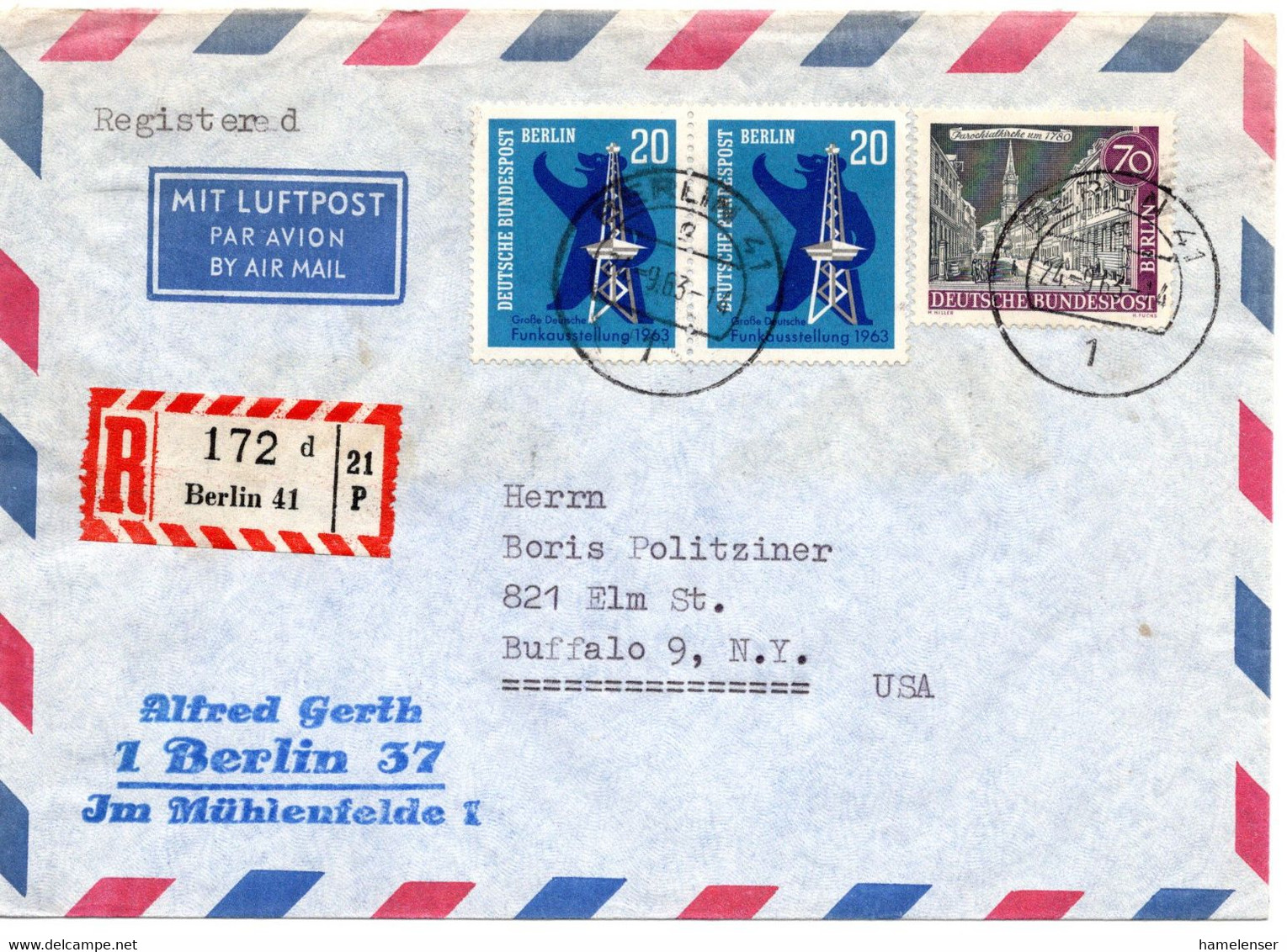 58655 - Berlin - 1963 - 70Pfg Alt-Berlin MiF A R-LpBf BERLIN -> BUFFALO, NY (USA) - Covers & Documents