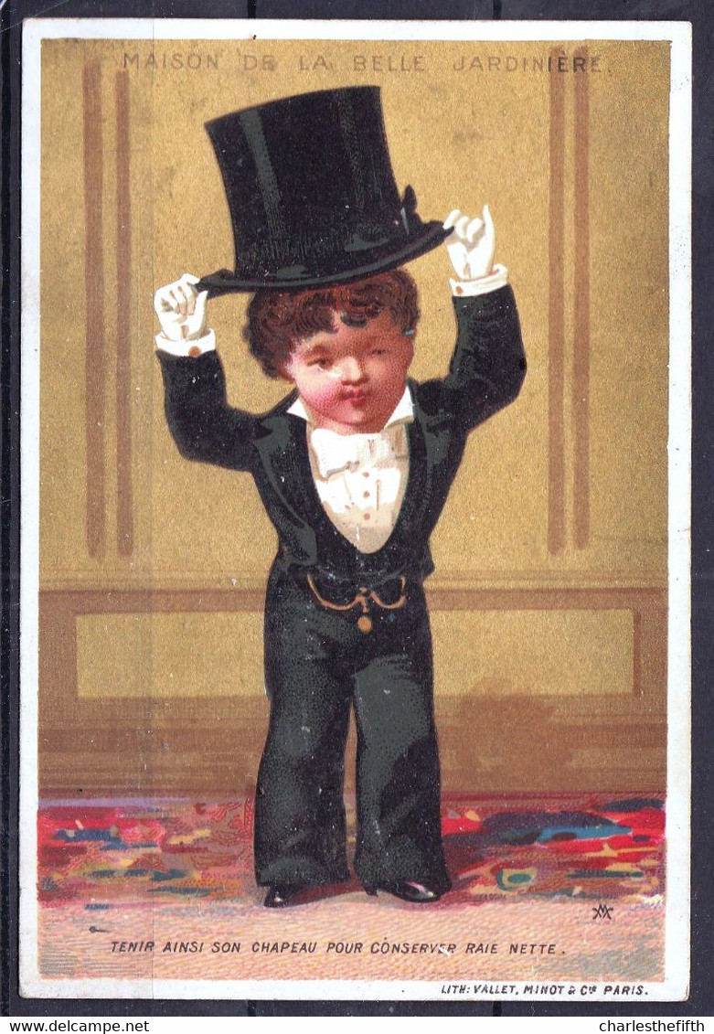 RARE ! CHROMO Doré  ! GENTLEMAN AVEC CHAPEAU DE BUSE - BOY WITH TALL HAT - MAISON LA BELLE JARDINIERE - Autres & Non Classés