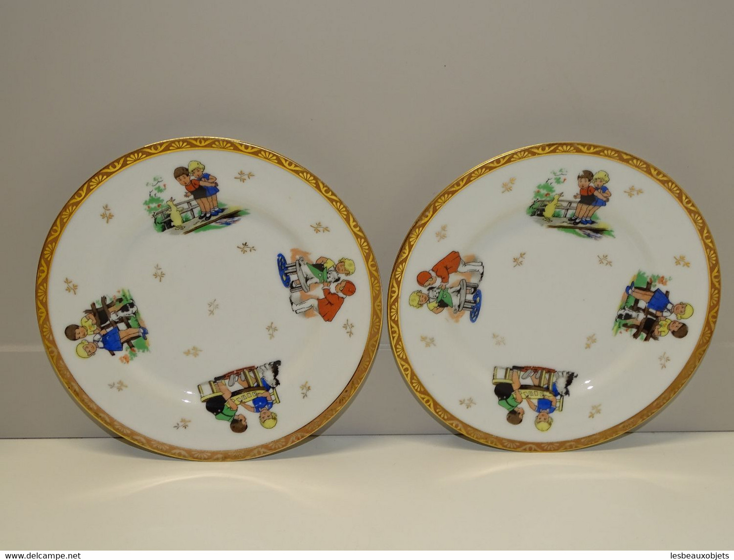 * 2 PETITES ASSIETTES PORCELAINE CHASTAGNER LIMOGES Déco D'enfants Chiens 1930  E - Limoges (FRA)