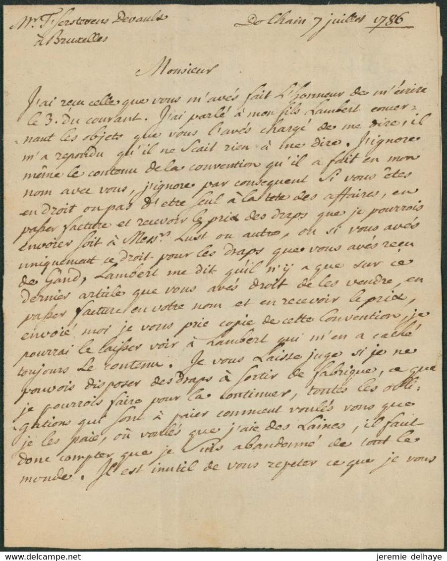 Précurseur - LAC Datée De Dolhain (1786) + Lettre "B" Dans Un Cercle (Battice) > Bruxelles - 1714-1794 (Pays-Bas Autrichiens)