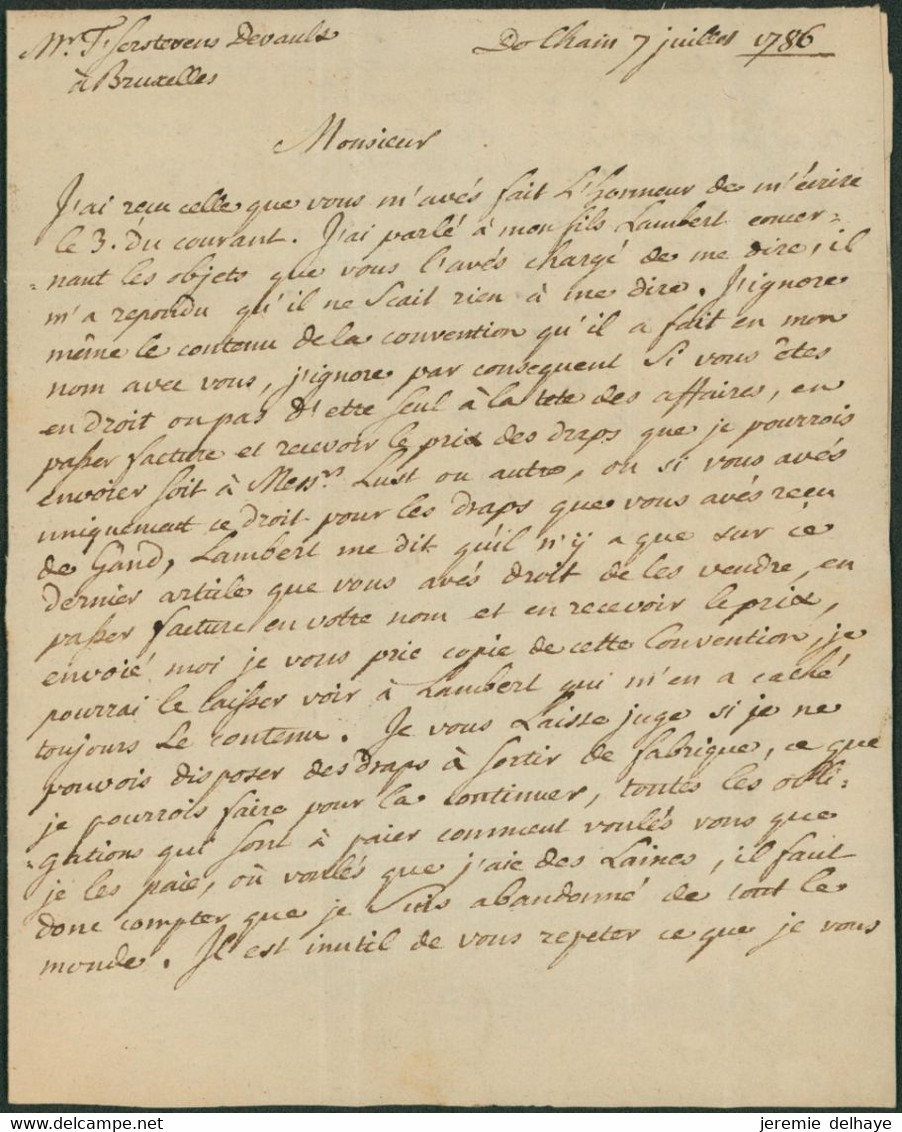 Précurseur - LAC Datée De Dolhain (1786) + Lettre "B" Dans Un Cercle (Battice) > Bruxelles - 1714-1794 (Austrian Netherlands)