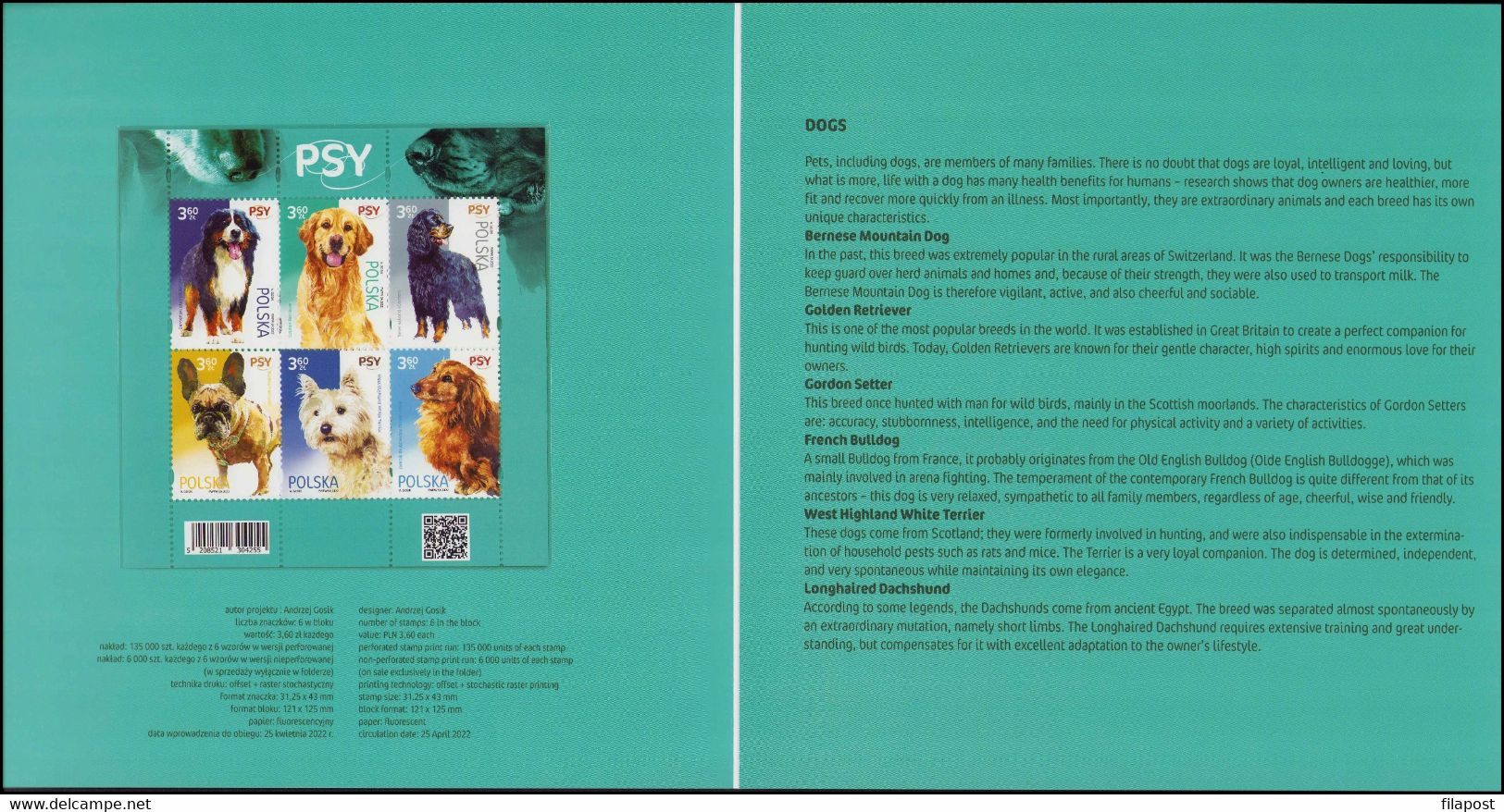 Poland 2022 Booklet Folder / Dogs - Bernese, Retriever, Setter, Bulldog, Terrier, Dachshund /with Perforated Block MNH** - Booklets