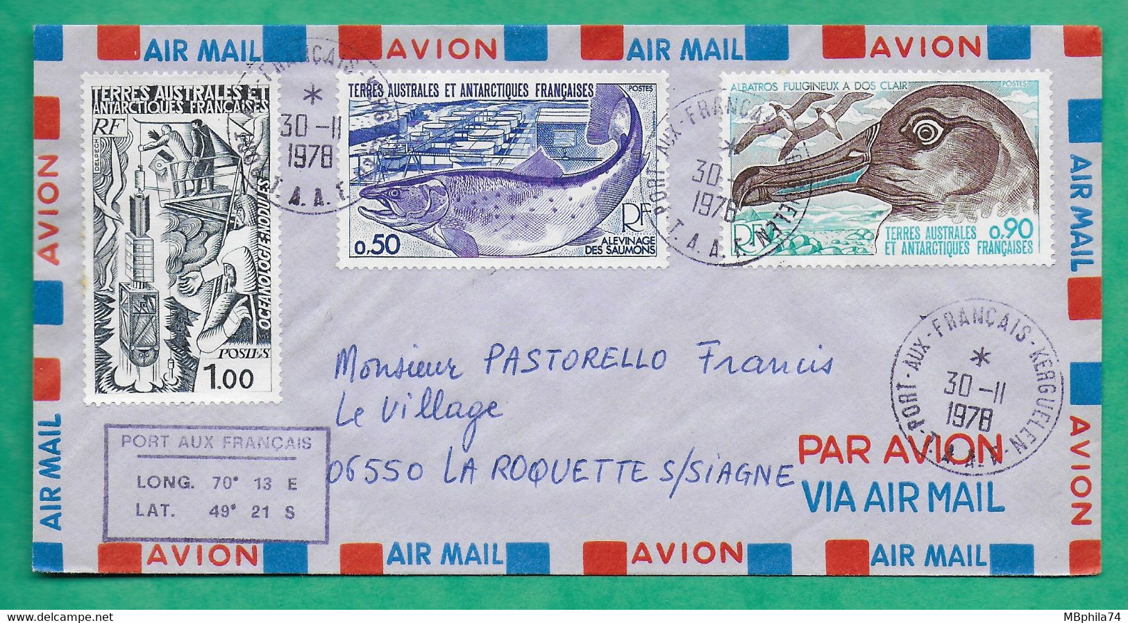 YT N°70 + 71 + 72 TAAF LETTRE PAR AVION PORT AUX FRANCAIS KERGUELEN POUR LA ROQUETTE SUR SIAGNE 1978 COVER FRANCE - Usati