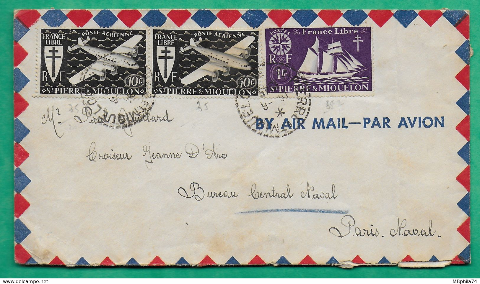 YT N°302 + N°7 POSTE AERIENNE LETTRE PAR AVION ST PIERRE ET MIQUELON POUR BUREAU CENTRAL NAVAL PARIS 1945 COVER FRANCE - Usati