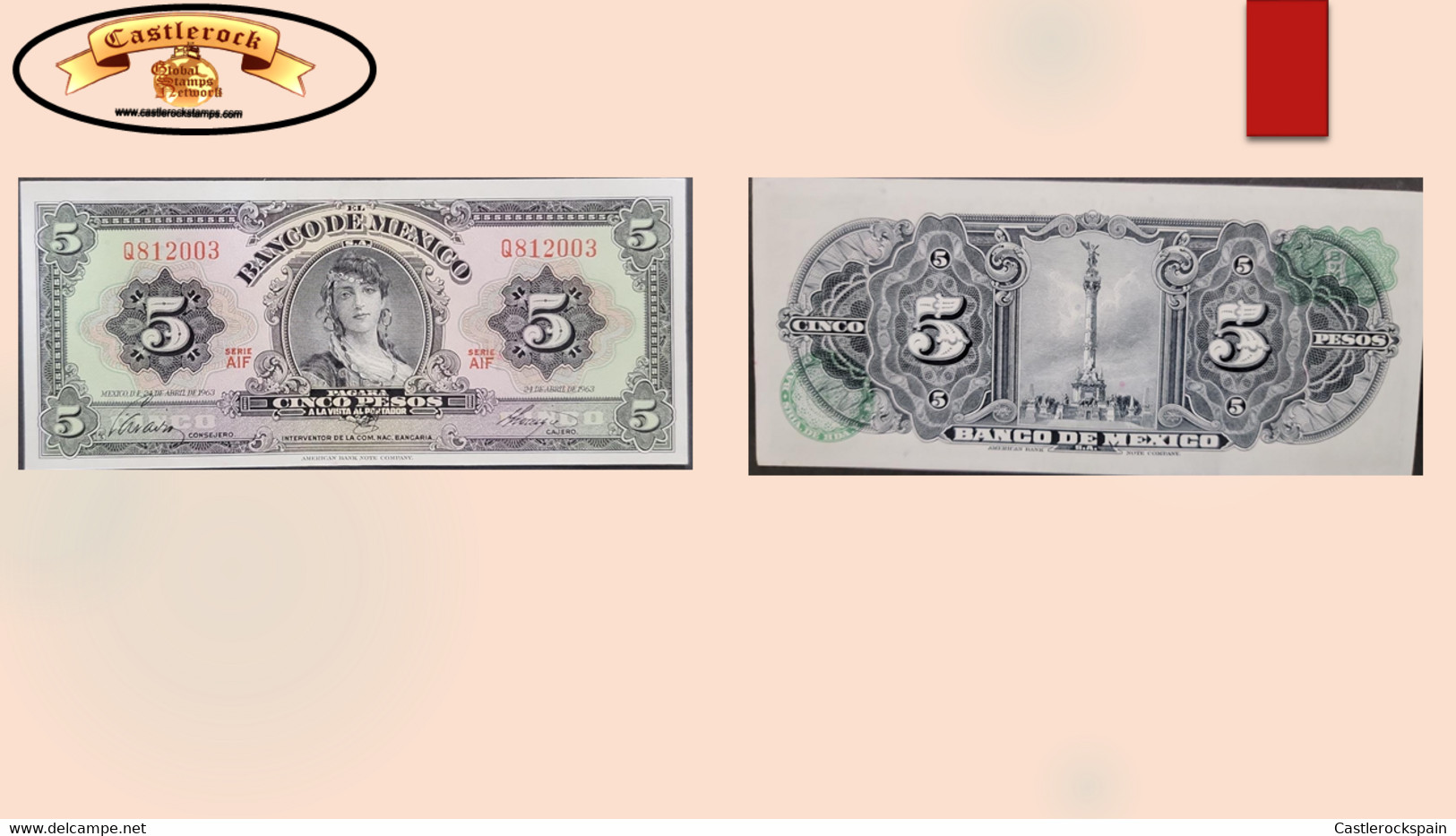 O) 1963 MEXICO, BANKNOTE, PAPER MONEY 5 PESOS, GLORIA CAURE, THE GYPSY WOMAN, ANGEL OF INDEPENDENCE, UNC MXN - MXP - Mexico