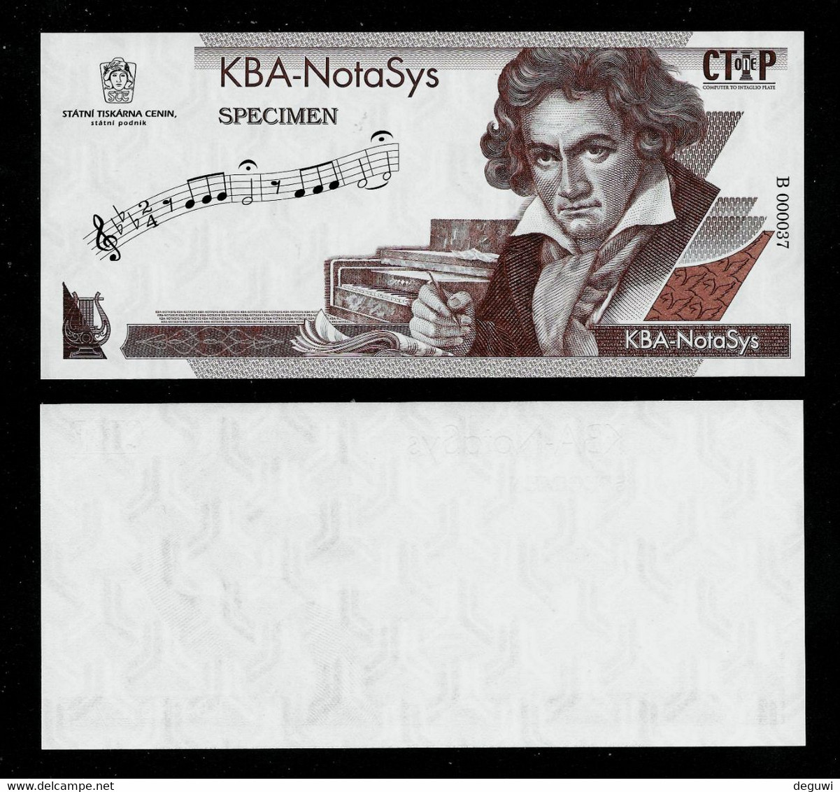 Testnote STC-KBA Beethoven, TYP B = Braun, UNC, 160 X 72 Mm, INTAGLIO, Statni Tiscarna Cenin, Test Note, RRRRR, Wz - Tschechien