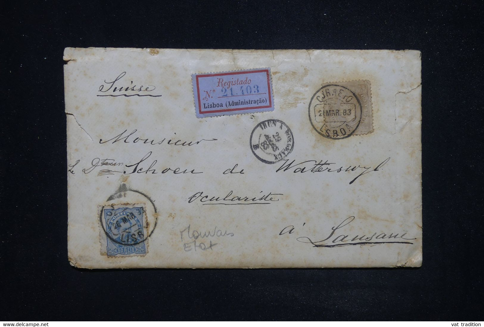 PORTUGAL - Enveloppe En Recommandé De Lisbonne Pour La Suisse En 1883 - L 121746 - Cartas & Documentos