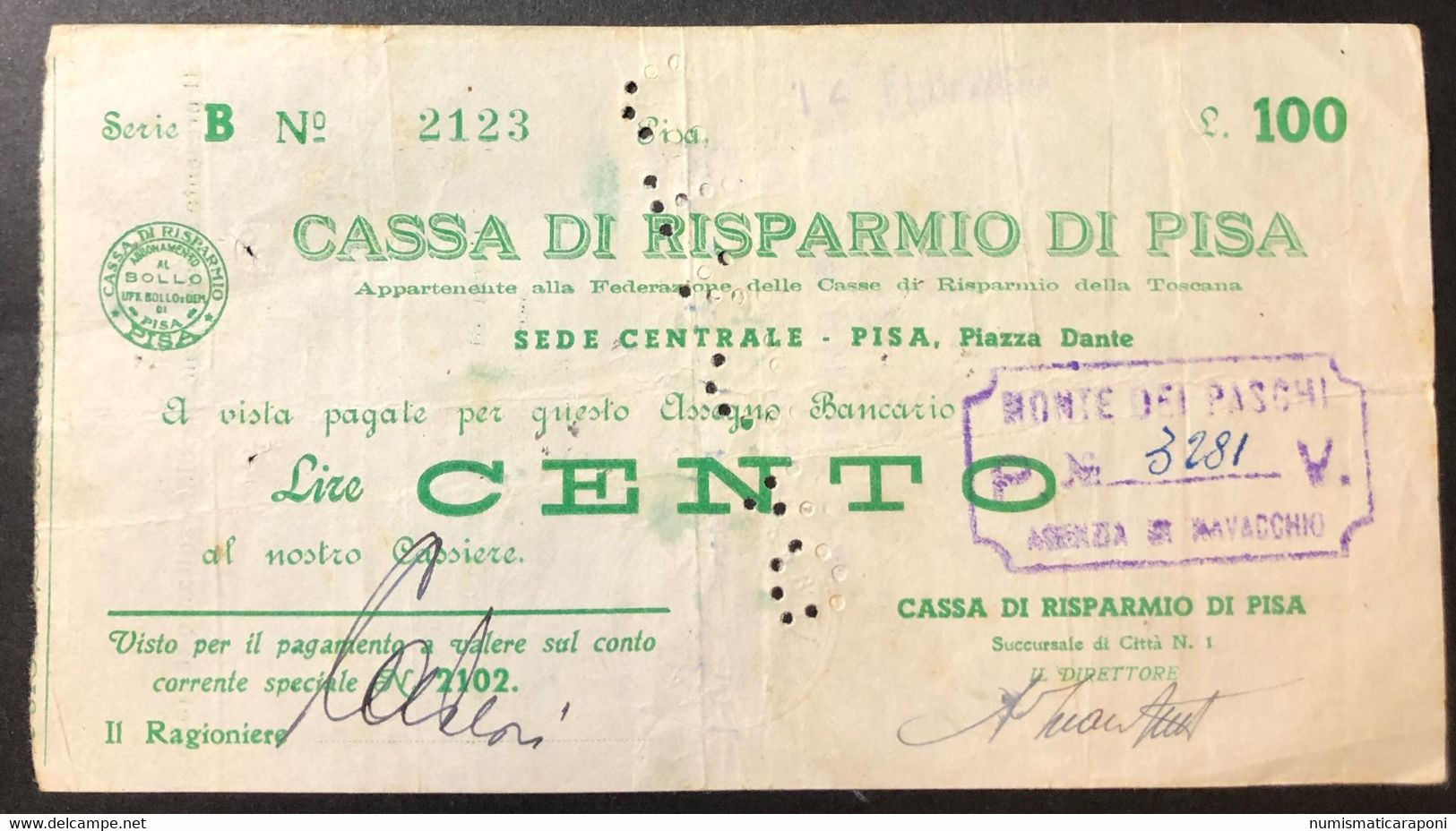 100 LIRE RSI CASSA DI RISPARMIO DI PISA 1944 ASSEGNO A TAGLIO FISSO LOTTO 2950 - Autres & Non Classés