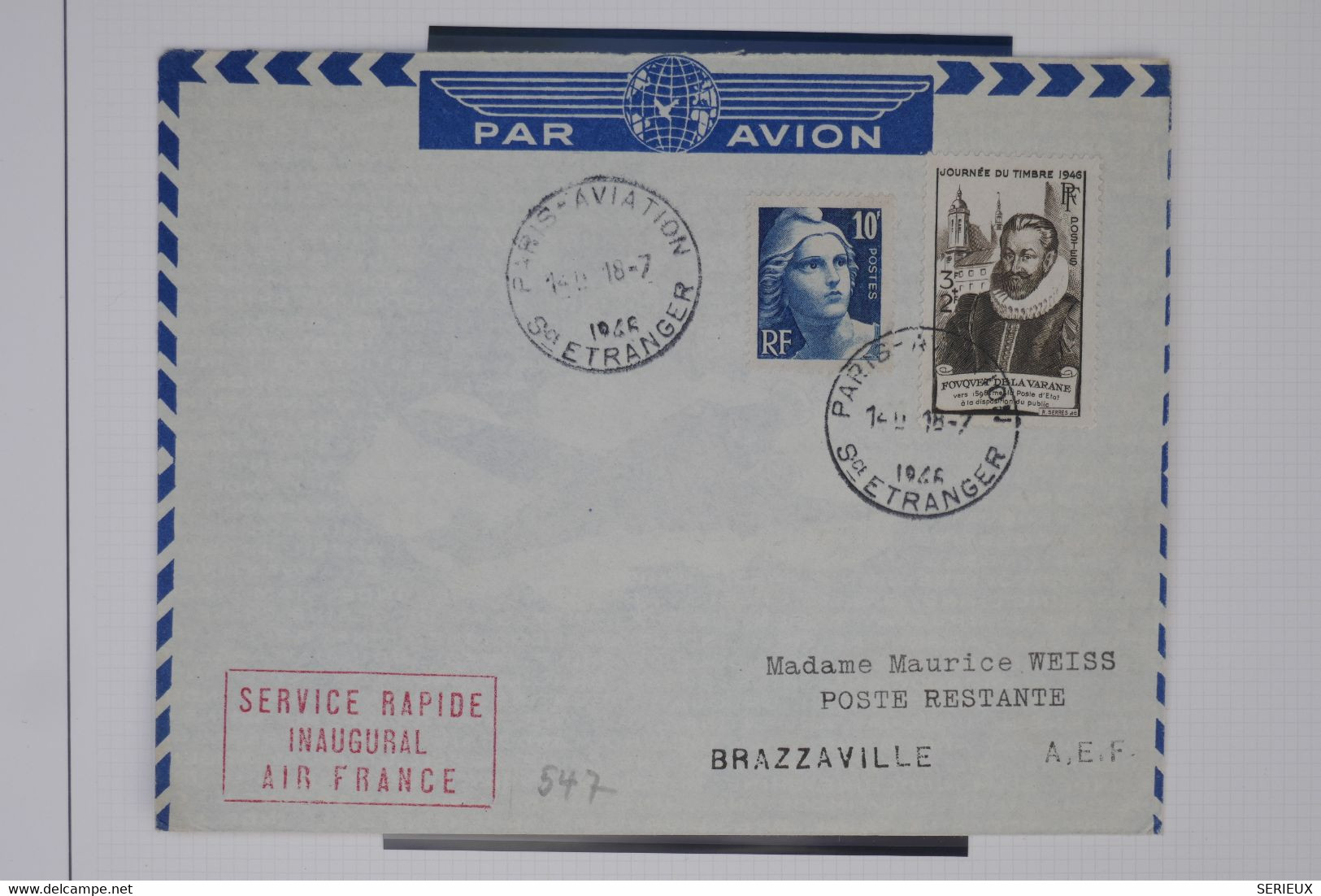 C1 FRANCE   BELLE LETTRE 1946 VOYAGE INAUGURAL AIR FRANCE PARIS BRAZZAVILLE CAMEROUN +++AFFRANC. PLAISANT - 1960-.... Covers & Documents