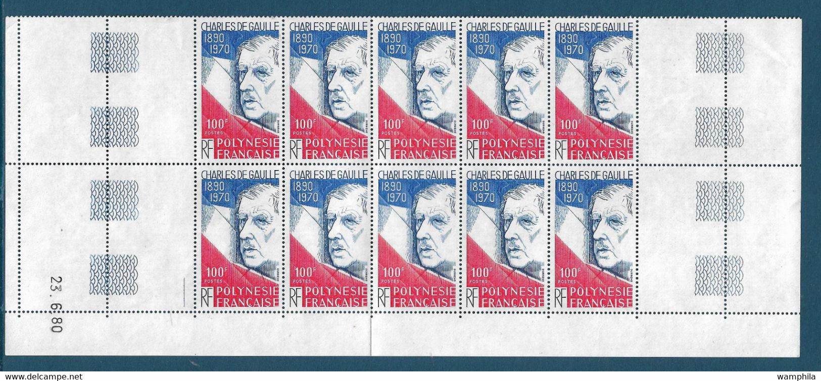Polynésie N°159** Charles De Gaulle, Un Bloc De 10 Timbres Dont Coin Daté, Cote 67€ - Collections, Lots & Séries